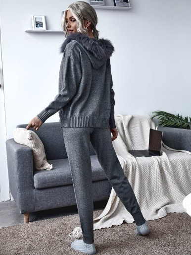 Fuzzy Hooded Zip Up Cardigan With Knit Pants