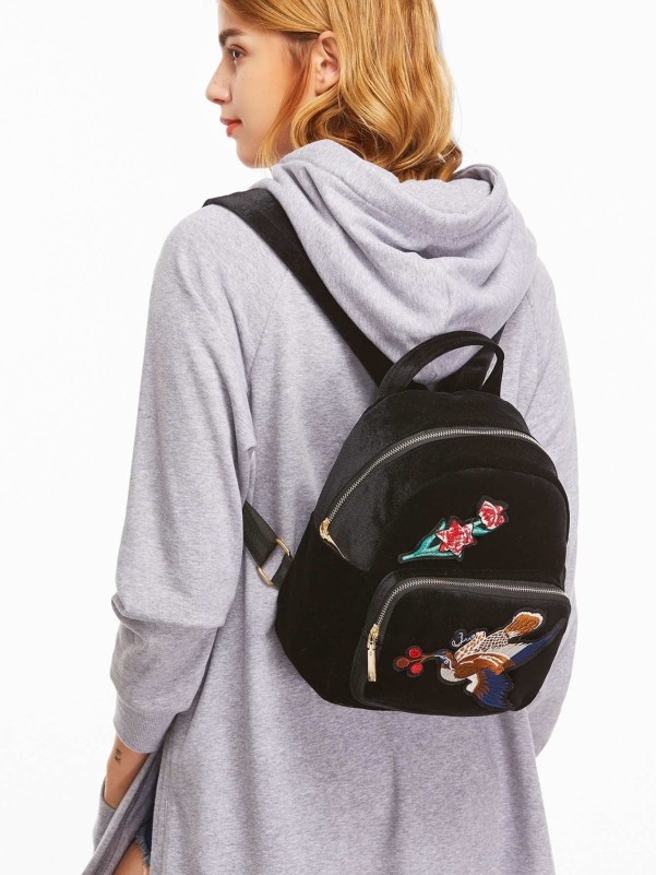 Black Bird Embroidered Pocket Front Velvet Backpack