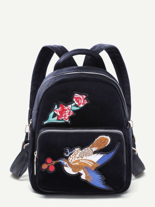 Black Bird Embroidered Pocket Front Velvet Backpack