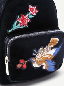 Black Bird Embroidered Pocket Front Velvet Backpack