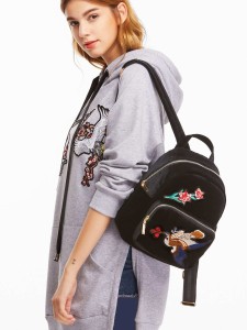 Black Bird Embroidered Pocket Front Velvet Backpack