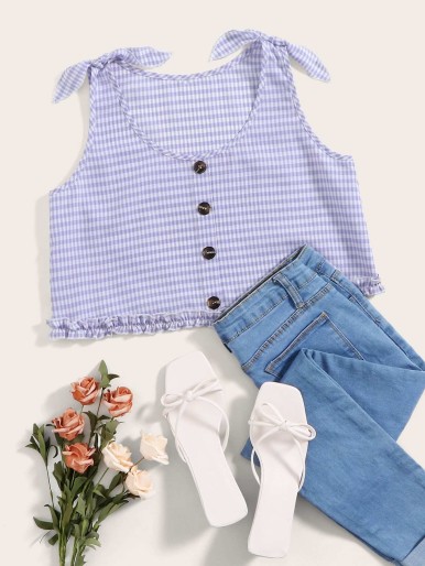 Gingham Button Front Crop Tank Top