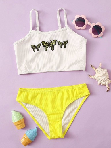 Girls Butterfly Print Rib Bikini Swimsuit