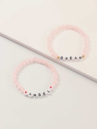 Girls Letter Decor Beaded Bracelet 2pcs