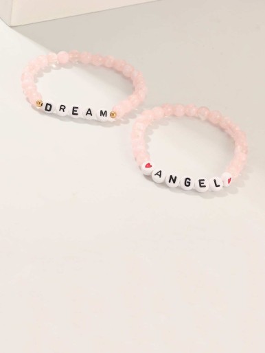 Girls Letter Decor Beaded Bracelet 2pcs