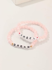 Girls Letter Decor Beaded Bracelet 2pcs