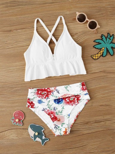 Girls Ruffle Hem Top With Random Floral Bikini