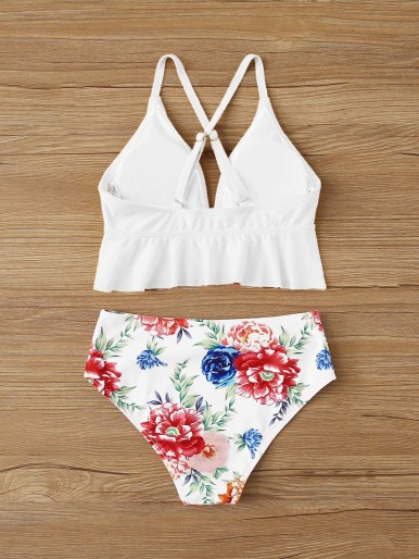 Girls Ruffle Hem Top With Random Floral Bikini