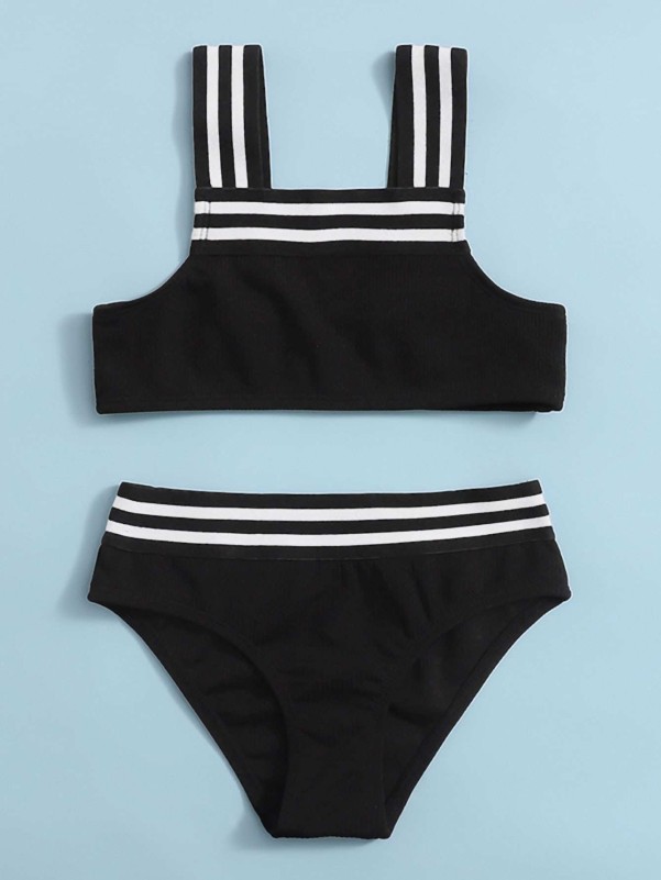 Girls Striped Trim Bikini Swimsuit