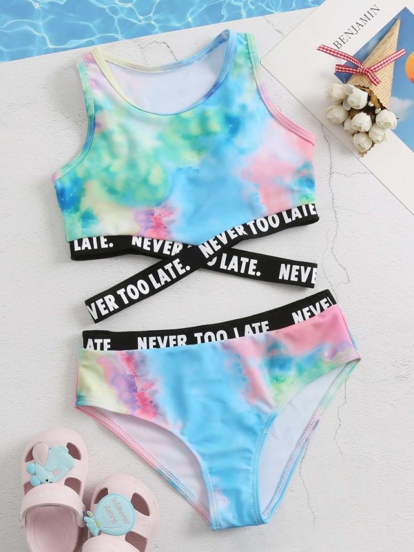 Girls Tie Dye Letter Tape Bikini Swimsuit