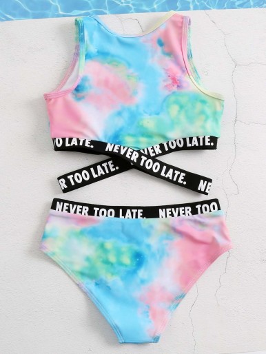 Girls Tie Dye Letter Tape Bikini Swimsuit