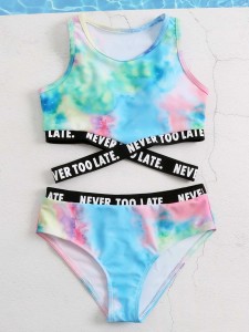 Girls Tie Dye Letter Tape Bikini Swimsuit