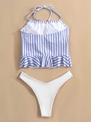 Striped Rib Ruffle Hem High Cut Bikini Swimsuit