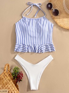 Striped Rib Ruffle Hem High Cut Bikini Swimsuit