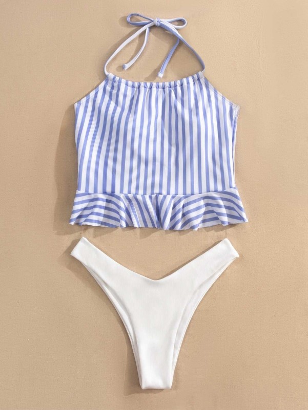 Striped Rib Ruffle Hem High Cut Bikini Swimsuit