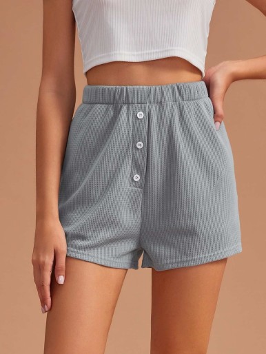 Half Button Solid Lounge Shorts