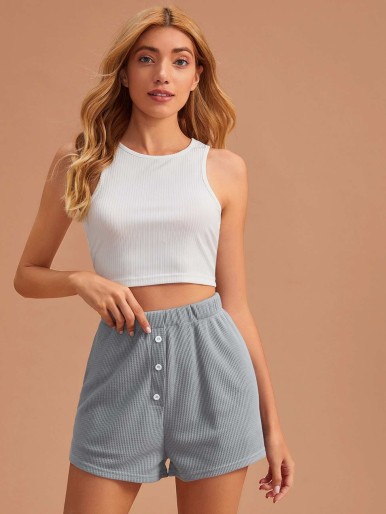 Half Button Solid Lounge Shorts