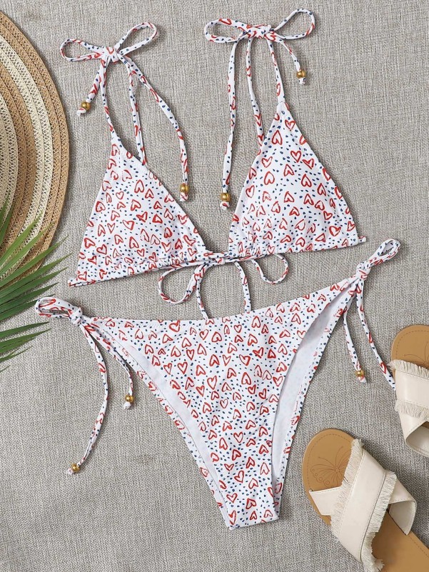 Heart Print Triangle Tie Side Bikini Swimsuit