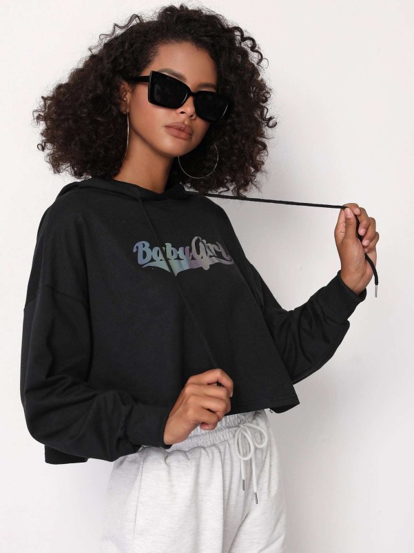 Drop Shoulder Reflective Letter Drawstring Hoodie