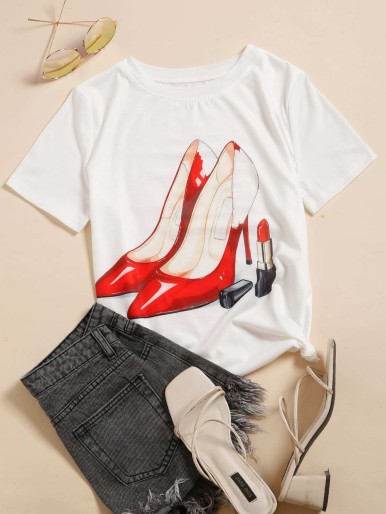 High Heels And Lipstick Print Tee