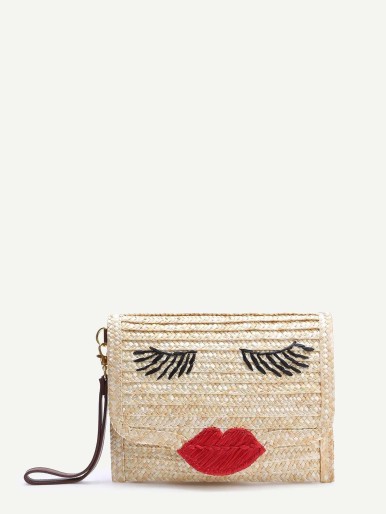 Clutch de paja con estampado de cara - beige