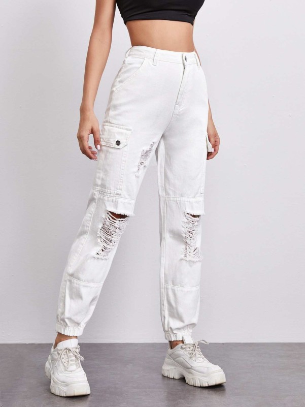 High Waisted Flap Pocket Side Distressed Jogger Jeans