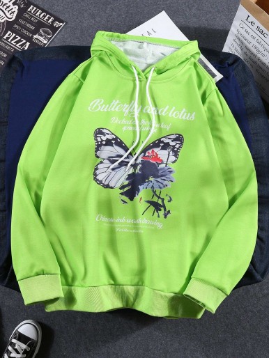 Hood with butterfly and slogan print