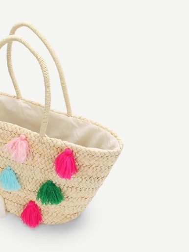 Multicolor Tassel Detail Straw Bag