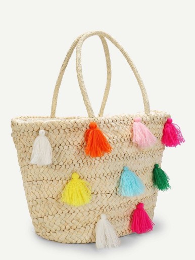 Multicolor Tassel Detail Straw Bag