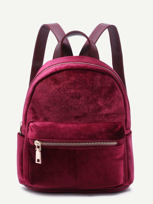 Burgundy Velvet Front Zipper Backpack