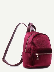 Burgundy Velvet Front Zipper Backpack