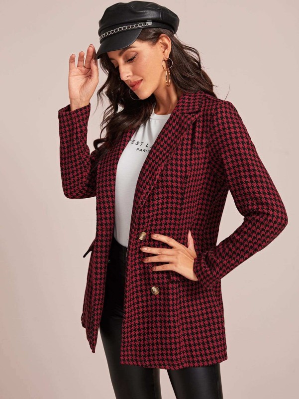 Houndstooth Print Double Breasted Blazer