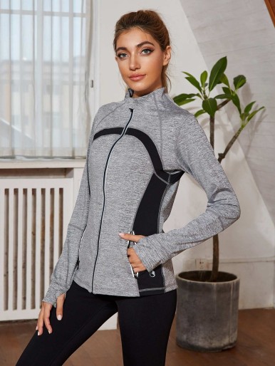 icyzone Colorblock Stitch Trim Thumb Hole Sports Jacket