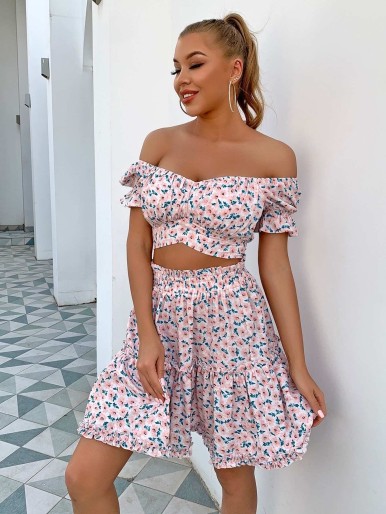 Joyfunear Ditsy Floral Off Shoulder Top & Ruffle Hem Skirt Set