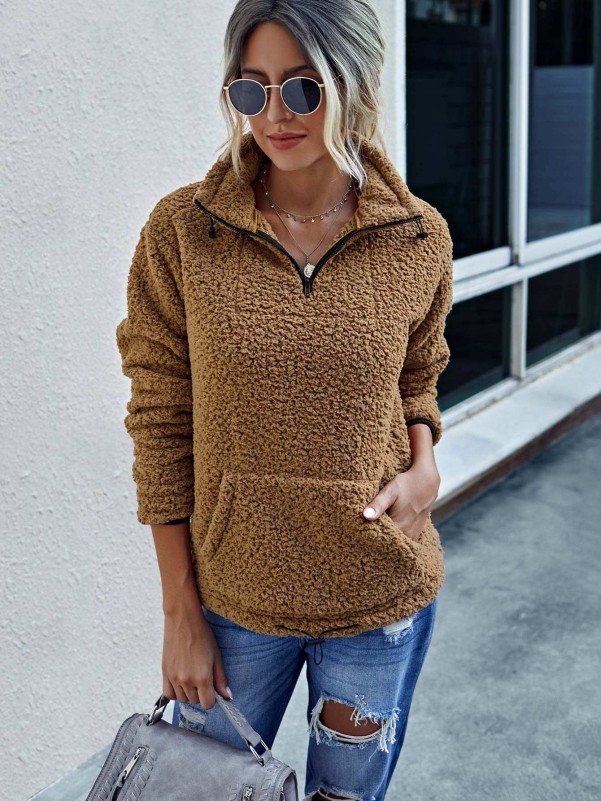 Teddy Fleece Half Zip Kangaroo Pocket Sweater