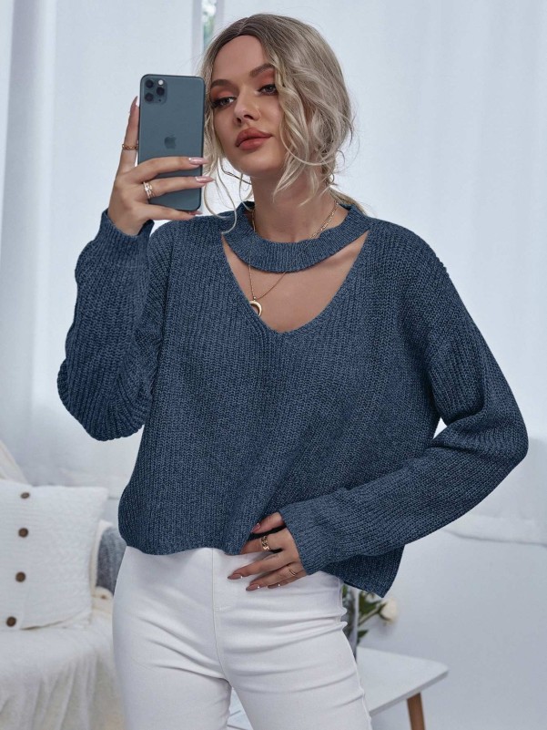 Keyhole Neck High Low Hem Sweater