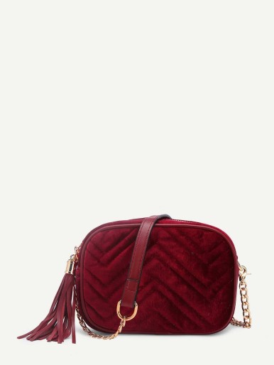 Chevron Stitch Velvet Crossbody Bag With Tassel