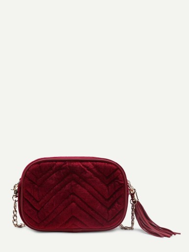 Chevron Stitch Velvet Crossbody Bag With Tassel