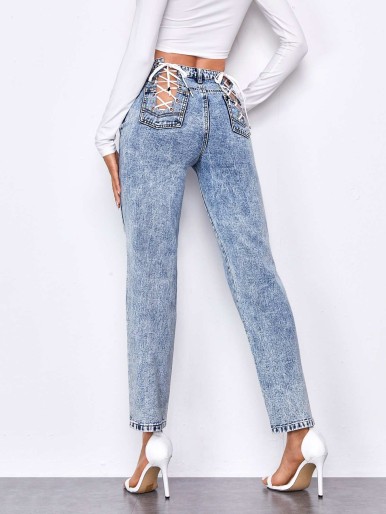 Lace Up Back Straight Leg Jeans