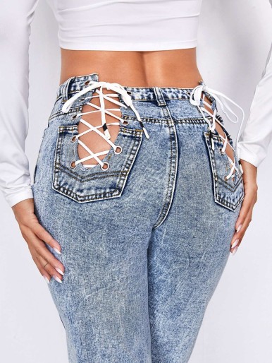 Lace Up Back Straight Leg Jeans