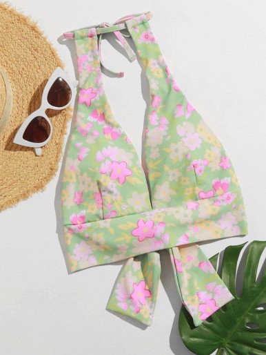 Floral Bow Back Plunging Bikini Top