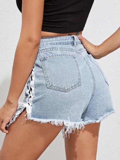 Lace Up Ripped Raw Hem Denim Shorts Without Belted