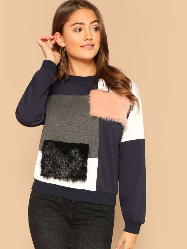 Cut-and-sew Faux Fur Detail Pullover