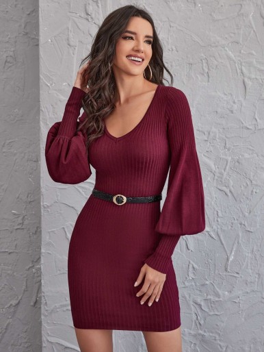 Lantern Sleeve Ribbed Knit Bodycon Sweater Dress