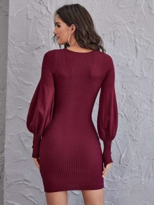 Lantern Sleeve Ribbed Knit Bodycon Sweater Dress