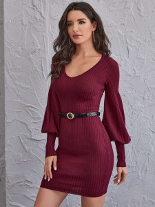 Lantern Sleeve Ribbed Knit Bodycon Sweater Dress