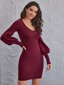 Lantern Sleeve Ribbed Knit Bodycon Sweater Dress