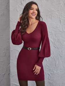 Lantern Sleeve Ribbed Knit Bodycon Sweater Dress