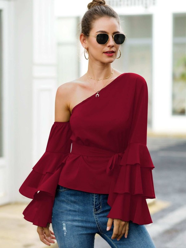 Layered Sleeve Asymmetrical Neck Belted Blouse 4729