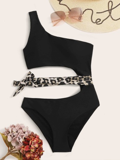 Leopard Cut-out One Shoulder One Piece Swimsuit